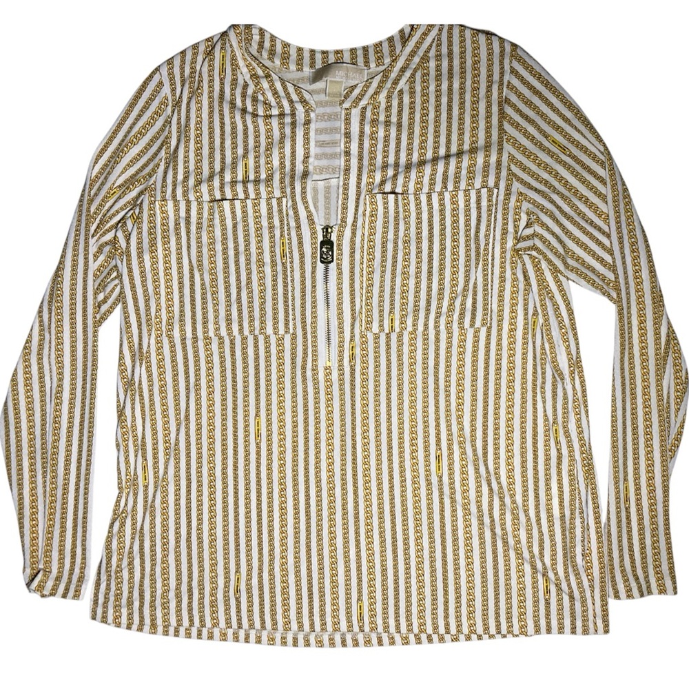 Womens Michael Kors Vneck Top Size LARGE Gold Chain Designer Blouse L